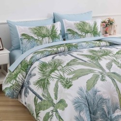 WONGS BEDDING Botanical Comforter Set Queen, 7 Pieces Blue Palm Tree Bed in a Bag, Reversiable Soft Microfiber Coastal Beach Bedding with Comforter, Flat Sheet, Fitted Sheet, Pillow Shams Pillowcases