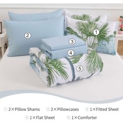 WONGS BEDDING Botanical Comforter Set Queen, 7 Pieces Blue Palm Tree Bed in a Bag, Reversiable Soft Microfiber Coastal Beach Bedding with Comforter, Flat Sheet, Fitted Sheet, Pillow Shams Pillowcases