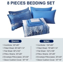 Dinjoy Ombre Blue Comforter Set Full Size Reversible Gradient Blue Grey Boho Bedding Set for Men Women 8 Pieces Bed in A Bag Bohemian Bed Set with Comforter, Sheets, Pillowcases & Shams