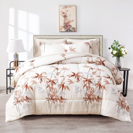 7 Pieces Bed in a Bag Queen Comforter Set with Sheets, Burnt Orange Leaves on White Botanical Bedding Sets for All Season (1 Comforter, 2 Pillow Shams, 1 Flat Sheet, 1 Fitted Sheet, 2 Pillowcases)