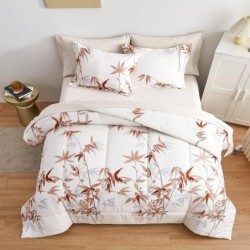 7 Pieces Bed in a Bag Queen Comforter Set with Sheets, Burnt Orange Leaves on White Botanical Bedding Sets for All Season (1 Comforter, 2 Pillow Shams, 1 Flat Sheet, 1 Fitted Sheet, 2 Pillowcases)