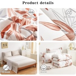 7 Pieces Bed in a Bag Queen Comforter Set with Sheets, Burnt Orange Leaves on White Botanical Bedding Sets for All Season (1 Comforter, 2 Pillow Shams, 1 Flat Sheet, 1 Fitted Sheet, 2 Pillowcases)