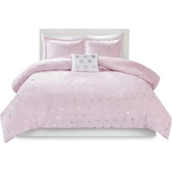 Mi Zone Rosalie Comforter Set for Girls, Ultra-Soft Microlight Plush Metallic Printed Hearts Brushed Reverse Overfilled Down Alternative Hypoallergenic All Season, , Full/Queen, Pink/Silver, 4 Piece