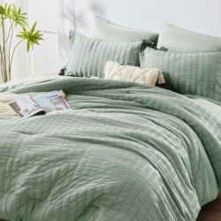 CozyLux Queen Seersucker Comforter Set with Sheets Sage Green Bed in a Bag 7-Pieces All Season Bedding Sets with Comforter, Pillow Sham, Flat Sheet, Fitted Sheet, Pillowcase