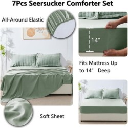 CozyLux Queen Seersucker Comforter Set with Sheets Sage Green Bed in a Bag 7-Pieces All Season Bedding Sets with Comforter, Pillow Sham, Flat Sheet, Fitted Sheet, Pillowcase