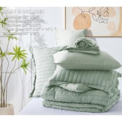 CozyLux Queen Seersucker Comforter Set with Sheets Sage Green Bed in a Bag 7-Pieces All Season Bedding Sets with Comforter, Pillow Sham, Flat Sheet, Fitted Sheet, Pillowcase