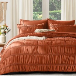 UNILIBRA Queen Comforter Set with Sheets, 7 Pieces Boho Terracotta Bed in a Bag Set, Brunt Orange Ruched Bedding Sets All Seasons with Flat Sheet, Fitted Sheet, Pillow Shams, Pillowcases