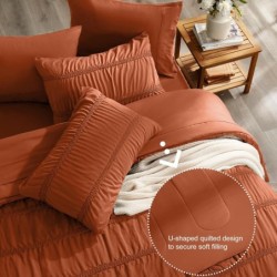 UNILIBRA Queen Comforter Set with Sheets, 7 Pieces Boho Terracotta Bed in a Bag Set, Brunt Orange Ruched Bedding Sets All Seasons with Flat Sheet, Fitted Sheet, Pillow Shams, Pillowcases