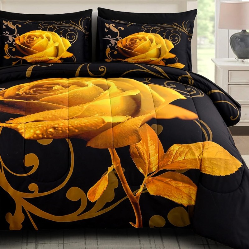 WONGS BEDDING Yellow Comforter Set King, Reversible Yellow Rose 7 Pieces Bed in a Bag, Lightweight Microfiber Soft Bedding Sets with Flat Sheet, Fitted Sheet, Pillowcases & Shams