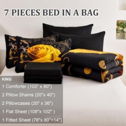 WONGS BEDDING Yellow Comforter Set King, Reversible Yellow Rose 7 Pieces Bed in a Bag, Lightweight Microfiber Soft Bedding Sets with Flat Sheet, Fitted Sheet, Pillowcases & Shams