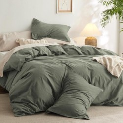 Bedsure Comforter Set Queen Size Grayish Olive Green - Cotton Fabric with Microfiber Inner Fill, Queen Comforter Set for All Seasons, 3 Pieces, 1 Comforter (90"x90") and 2 Pillow Cases (20"x26")