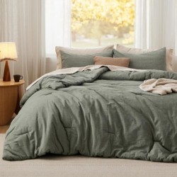 Bedsure Comforter Set Queen Size Grayish Olive Green - Cotton Fabric with Microfiber Inner Fill, Queen Comforter Set for All Seasons, 3 Pieces, 1 Comforter (90"x90") and 2 Pillow Cases (20"x26")