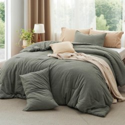 Bedsure Comforter Set Queen Size Grayish Olive Green - Cotton Fabric with Microfiber Inner Fill, Queen Comforter Set for All Seasons, 3 Pieces, 1 Comforter (90"x90") and 2 Pillow Cases (20"x26")