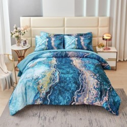 PERFEMET 6 Pcs Teal Marble Comforter Set Queen Watercolor Marble Printed Quilt Set Luxury Retro Artwork Style Teal and Gold Bed in A Bag Complete Set(Teal, Queen)