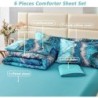 PERFEMET 6 Pcs Teal Marble Comforter Set Queen Watercolor Marble Printed Quilt Set Luxury Retro Artwork Style Teal and Gold Bed in A Bag Complete Set(Teal, Queen)