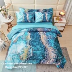 PERFEMET 6 Pcs Teal Marble Comforter Set Queen Watercolor Marble Printed Quilt Set Luxury Retro Artwork Style Teal and Gold Bed in A Bag Complete Set(Teal, Queen)