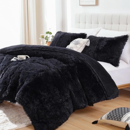 Smoofy Faux Fur Black Comforter Set Queen Size 3Pcs Fluffy Fuzzy Plush Comforter Set Cute Soft Shaggy Velvet Double-Sided Bedding Set (1 Faux Fur Comforter + 2 Faux Fur Pillowcases)