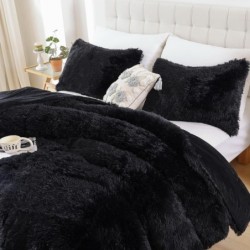 Smoofy Faux Fur Black Comforter Set Queen Size 3Pcs Fluffy Fuzzy Plush Comforter Set Cute Soft Shaggy Velvet Double-Sided Bedding Set (1 Faux Fur Comforter + 2 Faux Fur Pillowcases)