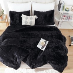 Smoofy Faux Fur Black Comforter Set Queen Size 3Pcs Fluffy Fuzzy Plush Comforter Set Cute Soft Shaggy Velvet Double-Sided Bedding Set (1 Faux Fur Comforter + 2 Faux Fur Pillowcases)