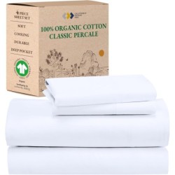 California Design Den 100% Organic Cotton Sheets for King Size Bed, Percale, Deep Pocket King Sheets, GOTS Certified Percale Sheets, Hotel Sheets, 4 Piece King Size Sheets, White Sheets