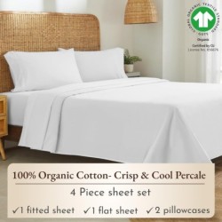 California Design Den 100% Organic Cotton Sheets for King Size Bed, Percale, Deep Pocket King Sheets, GOTS Certified Percale Sheets, Hotel Sheets, 4 Piece King Size Sheets, White Sheets