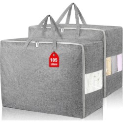 2Pack 105L Extra Large Storage Bags, Folding Moving Comforter Blanket Storage Bags Closet Organizers and Storage Containers for Clothes with Strong Handles&Zippers Clear Window for Bedding Pillow Grey