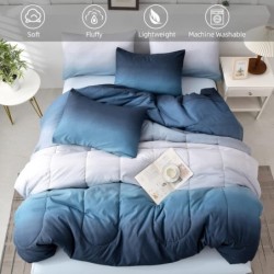 Gradient Blue Queen Comforter Set - 7 Pieces Ombre Navy Blue White Microfiber Bed in a Bag - All Season Down Alternative Light Ocean Sea Blue Abstract Bedding Set for Teen Boys Girls Women (90" x90")