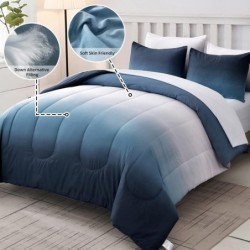 Gradient Blue Queen Comforter Set - 7 Pieces Ombre Navy Blue White Microfiber Bed in a Bag - All Season Down Alternative Light Ocean Sea Blue Abstract Bedding Set for Teen Boys Girls Women (90" x90")