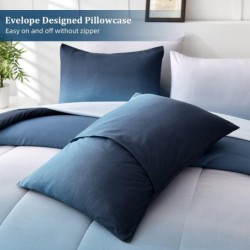 Gradient Blue Queen Comforter Set - 7 Pieces Ombre Navy Blue White Microfiber Bed in a Bag - All Season Down Alternative Light Ocean Sea Blue Abstract Bedding Set for Teen Boys Girls Women (90" x90")