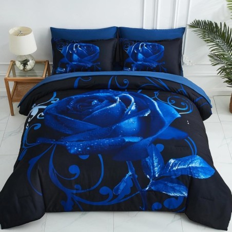 Blue Comforter Set King 7 Piece Bed in a Bag Blue Rose Comforter with Sheet Set Soft Micorfiber Reversible Bedding Set (1 Comforter,2 Pillow Shams,1 Flat Sheet,1 Fitted Sheet,2 Pillowcases)