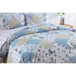 Autumn Dream Reversible Patchwork Bedspread Quilt Set 3 Pieces Coverlet Set,Blue White Rose Floral Bedspread, Queen Size