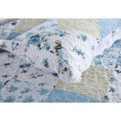 Autumn Dream Reversible Patchwork Bedspread Quilt Set 3 Pieces Coverlet Set,Blue White Rose Floral Bedspread, Queen Size