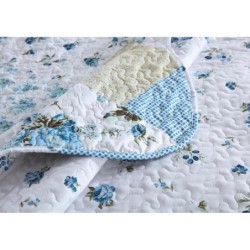 Autumn Dream Reversible Patchwork Bedspread Quilt Set 3 Pieces Coverlet Set,Blue White Rose Floral Bedspread, Queen Size