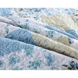 Autumn Dream Reversible Patchwork Bedspread Quilt Set 3 Pieces Coverlet Set,Blue White Rose Floral Bedspread, Queen Size