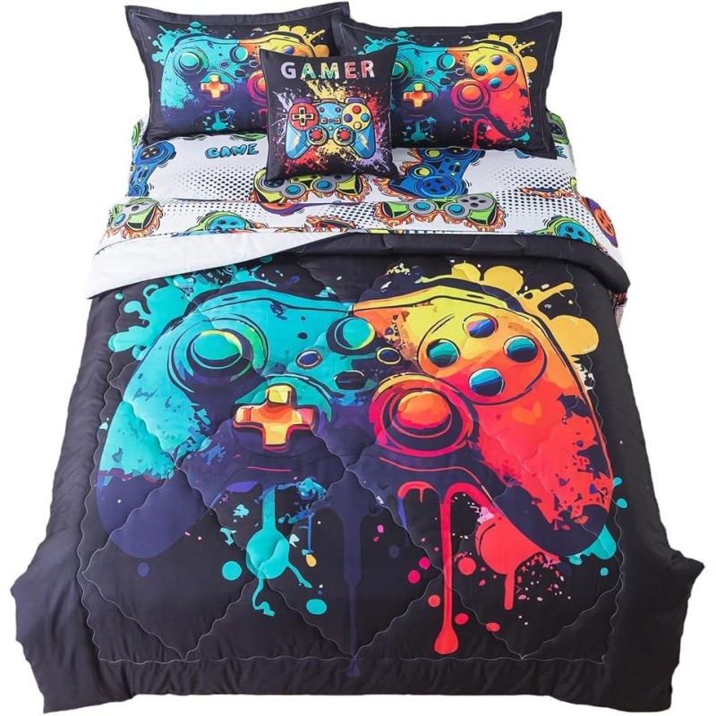 ADASMILE A & S Gamer Comforter Sets for Boys Teens 6 Pieces Gaming Bedding Set Full Size Colorful Video Game Gaming Comforter for Kids Gamer Bed in A Bag Comforter with Gamer Sheets Home Decor