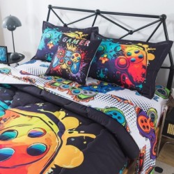 ADASMILE A & S Gamer Comforter Sets for Boys Teens 6 Pieces Gaming Bedding Set Full Size Colorful Video Game Gaming Comforter for Kids Gamer Bed in A Bag Comforter with Gamer Sheets Home Decor