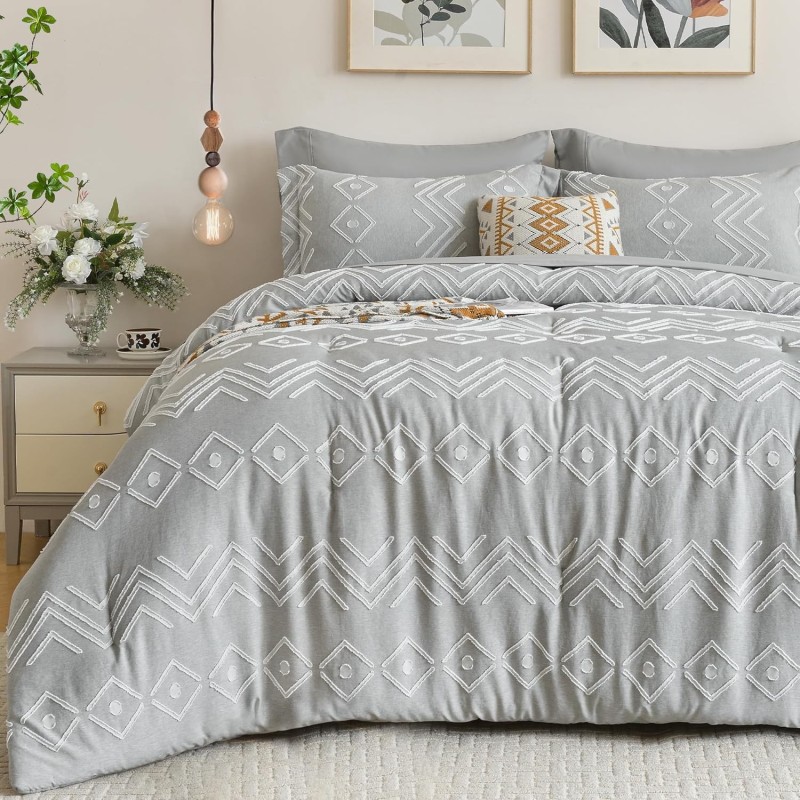 Newspin Twin Comforter Set, Grey Boho 5 Pieces Bed in a Bag, Cationic Dyeing Bed Set Jacquard Tufted Shabby Chic Bedding Set for All Season with Comforter, Sheets, Pillowcases & Shams