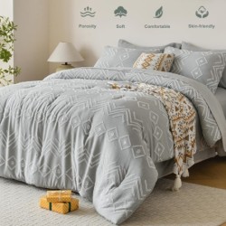 Newspin Twin Comforter Set, Grey Boho 5 Pieces Bed in a Bag, Cationic Dyeing Bed Set Jacquard Tufted Shabby Chic Bedding Set for All Season with Comforter, Sheets, Pillowcases & Shams