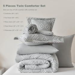 Newspin Twin Comforter Set, Grey Boho 5 Pieces Bed in a Bag, Cationic Dyeing Bed Set Jacquard Tufted Shabby Chic Bedding Set for All Season with Comforter, Sheets, Pillowcases & Shams