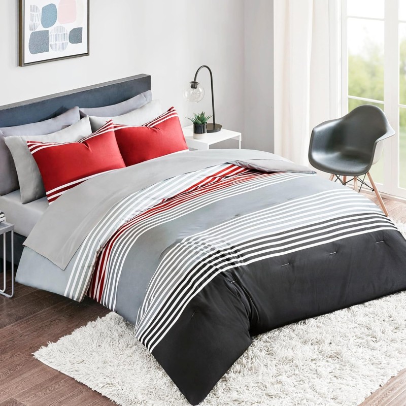 Comfort Spaces Comforter Sets with Sheets - Bed in a Bag 9 Pieces Teen Bedding Sets , Red and Grey Stripes Bedding Full, College Full Bed Set with 2 Side Pockets Bedroom Organizer