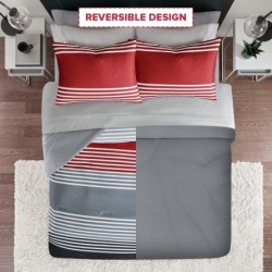 Comfort Spaces Comforter Sets with Sheets - Bed in a Bag 9 Pieces Teen Bedding Sets , Red and Grey Stripes Bedding Full, College Full Bed Set with 2 Side Pockets Bedroom Organizer