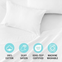 MARTHA STEWART 100% Cotton Queen Sheet Set - 4 Piece, Soft, Smooth, Durable, Easy Care, 16" Deep Pocket Sheets, Bedding Sheets, Sateen Sheet, 1 Flat, 1 Fitted, 2 Pillowcases, White