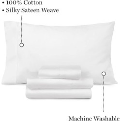 MARTHA STEWART 100% Cotton Queen Sheet Set - 4 Piece, Soft, Smooth, Durable, Easy Care, 16" Deep Pocket Sheets, Bedding Sheets, Sateen Sheet, 1 Flat, 1 Fitted, 2 Pillowcases, White