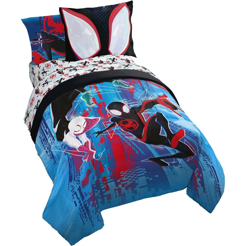 Marvel Spiderman Across The Spider-Verse Glitch 7 Piece Full Size Bed Set - includes Comforter & Sheet Set Bedding - Super Soft Fade Resistant Microfiber (Official Product)