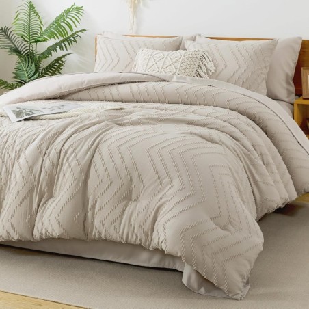 Litanika Comforter King Size Set with Sheets Beige - 7 Pieces Bed in a Bag King Chevron Tufted Complete Beddding Sets with Comforter, Sheets, Pillowcases & Shams