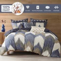 INK+IVY Queen Size Comforter Set, Cozy Cotton Comforter, All Season, Lightweight Comforter Queen Bed Set with 2 Matching Shams, Modern Cabin Lodge Ikat Chevron Design, Navy Full/Queen 3 Piece