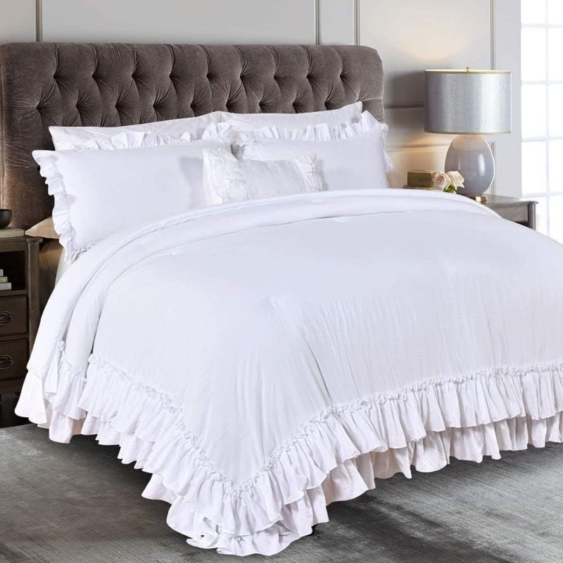 QSH White Ruffled Comforter Set Queen Size Farmhouse Shabby Boho Chic White Bedding Set Queen Size Lightweight Fluffy Microfiber Bed Comforter Set 3 Pieces