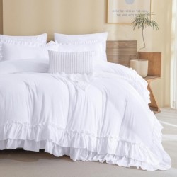 QSH White Ruffled Comforter Set Queen Size Farmhouse Shabby Boho Chic White Bedding Set Queen Size Lightweight Fluffy Microfiber Bed Comforter Set 3 Pieces