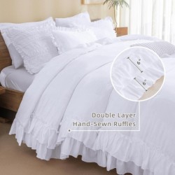 QSH White Ruffled Comforter Set Queen Size Farmhouse Shabby Boho Chic White Bedding Set Queen Size Lightweight Fluffy Microfiber Bed Comforter Set 3 Pieces