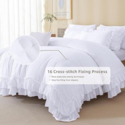 QSH White Ruffled Comforter Set Queen Size Farmhouse Shabby Boho Chic White Bedding Set Queen Size Lightweight Fluffy Microfiber Bed Comforter Set 3 Pieces